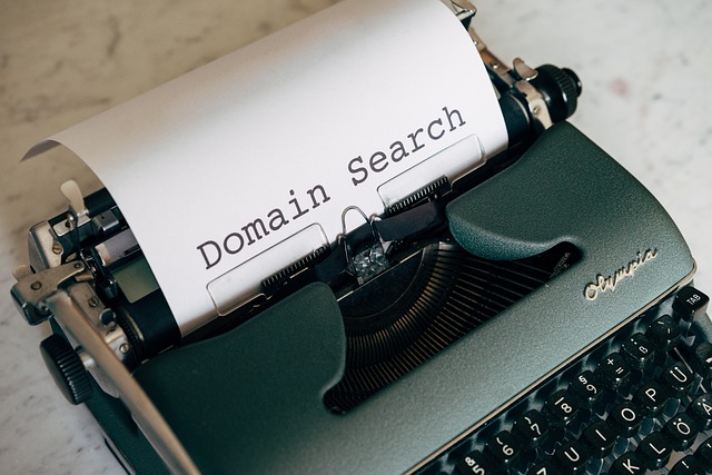 A type-writer with the words "domain search" printed on it for web-host technology.